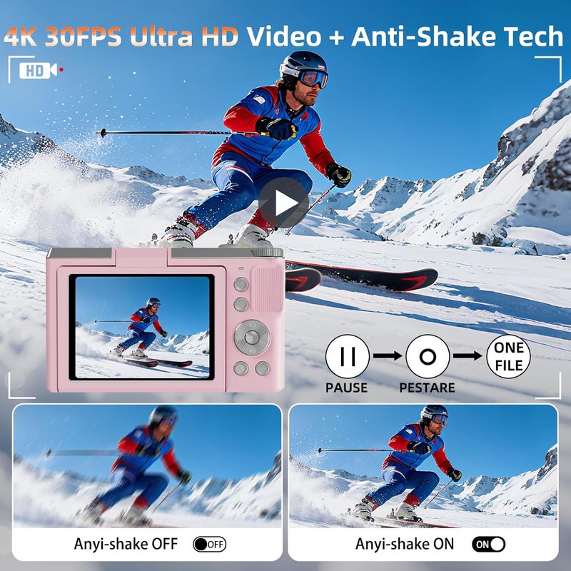 Kasukani 4K Digital Camera for Photography and Video, 56MP Autofocus Vlogging Camera with 3" 180° Flip Screen, 16X Zoom Compact Point and Shoot Camera for YouTube, Travel & Daily Content Creation - Image 3